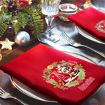 Tovagliolo rosso in cotone personalizzato, con ghirlanda, simpatico personaggio natalizio, iniziale e nome - Regalo di Natale per familiari e amici