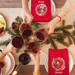 Tovagliolo rosso in cotone personalizzato, con ghirlanda, simpatico personaggio natalizio, iniziale e nome - Regalo di Natale per familiari e amici