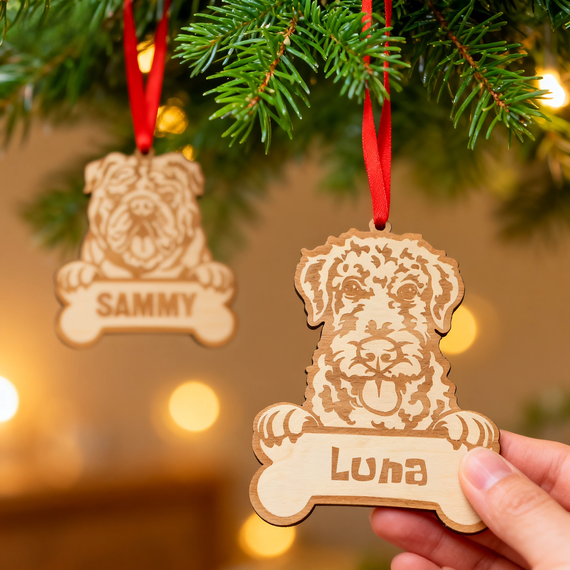Personalisierter Hölzerner Baumschmuck mit Namensgravur auf Hundeknochen Wohndeko Weihnachtsgeschenk für Hundebesitzer
