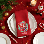 Tovagliolo rosso in cotone personalizzato, con ghirlanda, simpatico personaggio natalizio, iniziale e nome - Regalo di Natale per familiari e amici