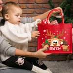 Personalized Cartoon Reindeer Reusable Red Jute Tote Bag with Name Christmas Party Gift for Family Kids