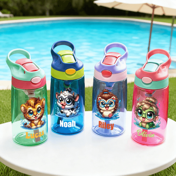Personalized Cartoon Animals 16 oz Kid Water Bottle with Name and Silicone Straw Back to School Birthday Gift for Boys Girls