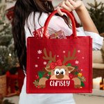 Personalized Cartoon Reindeer Reusable Red Jute Tote Bag with Name Christmas Party Gift for Family Kids