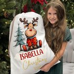 Personalized Cute Cartoon Elk Design Christmas Drawstring Gift Bag with Name Christmas Gift for Kids Family