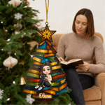 Personlig tegneserie lesende karakter juletre akryl ornament med navn Holiday Decor julegave til kvinner bokelskere