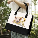 Personalised Flower Highland Cow Large Canvas Tote Bag with Name and Ribbon Travel Essentials Birthday Mother's Day Gift for Mon Grandma Women