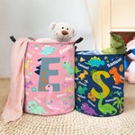 Personalised Multicolour Cute Dinosaur Large Waterproof Laundry Basket with Name and Initial Christmas Birthday Gift for Family Dinosaur Lovers
