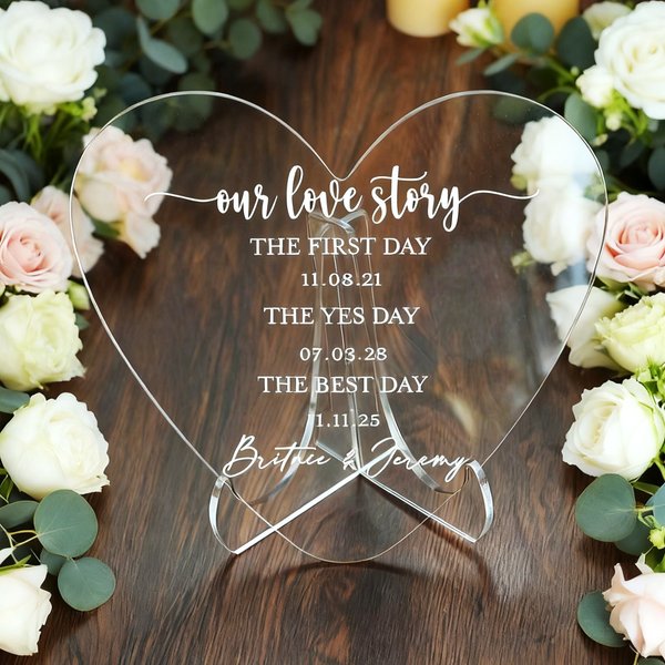 Panneau de mariage en acrylique personnalisé en forme de coeur avec nom et date Cadeau d'anniversaire de mariage et de fiançailles pour couple