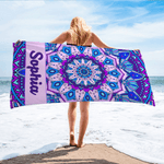 Mandala personalizzato in stile boemo Asciugamano da spiaggia ad asciugatura rapida con nome Essenziale da viaggio Festa in spiaggia Regalo di compleanno per donne uomini