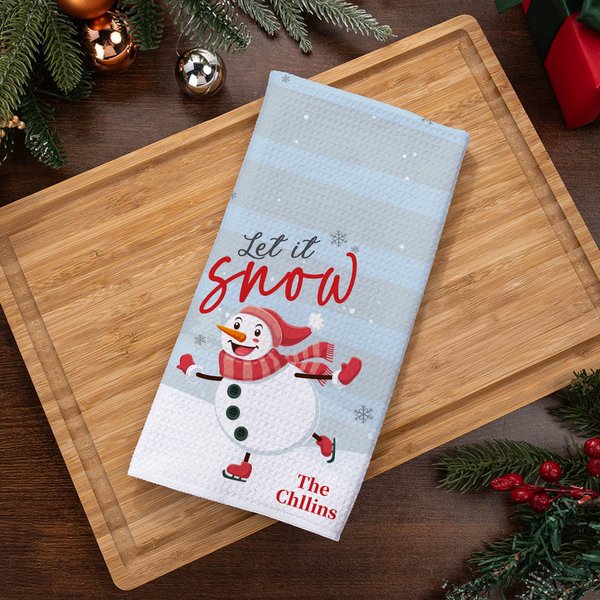 Gepersonaliseerde ijsschaatsende sneeuwpop keukentheedoek met tekst Keukenbenodigdheden Kerstcadeau voor familie vrienden