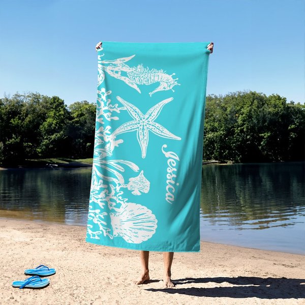 Personalized Multicolour Seahorse Starfish Quick Dry Oversized Beach Towel with Name Beach Party Holiday Gift for Family Friend