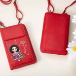 Personalised Cartoon Reading Character PU Leather Phone Wallet Crossbody Bag with Birth Flower and Name Birthday Gift for Family Friends