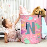 Personalised Multicolour Cute Dinosaur Large Waterproof Laundry Basket with Name and Initial Christmas Birthday Gift for Family Dinosaur Lovers