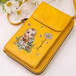 Personalised Cartoon Reading Character PU Leather Phone Wallet Crossbody Bag with Birth Flower and Name Birthday Gift for Family Friends