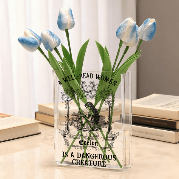 Gepersonaliseerde Retro Reading Girl Duidelijke Acryl Boek Vaas met Naam Boekenplank Room Decor Verjaardagscadeau voor vrienden Book Lovers