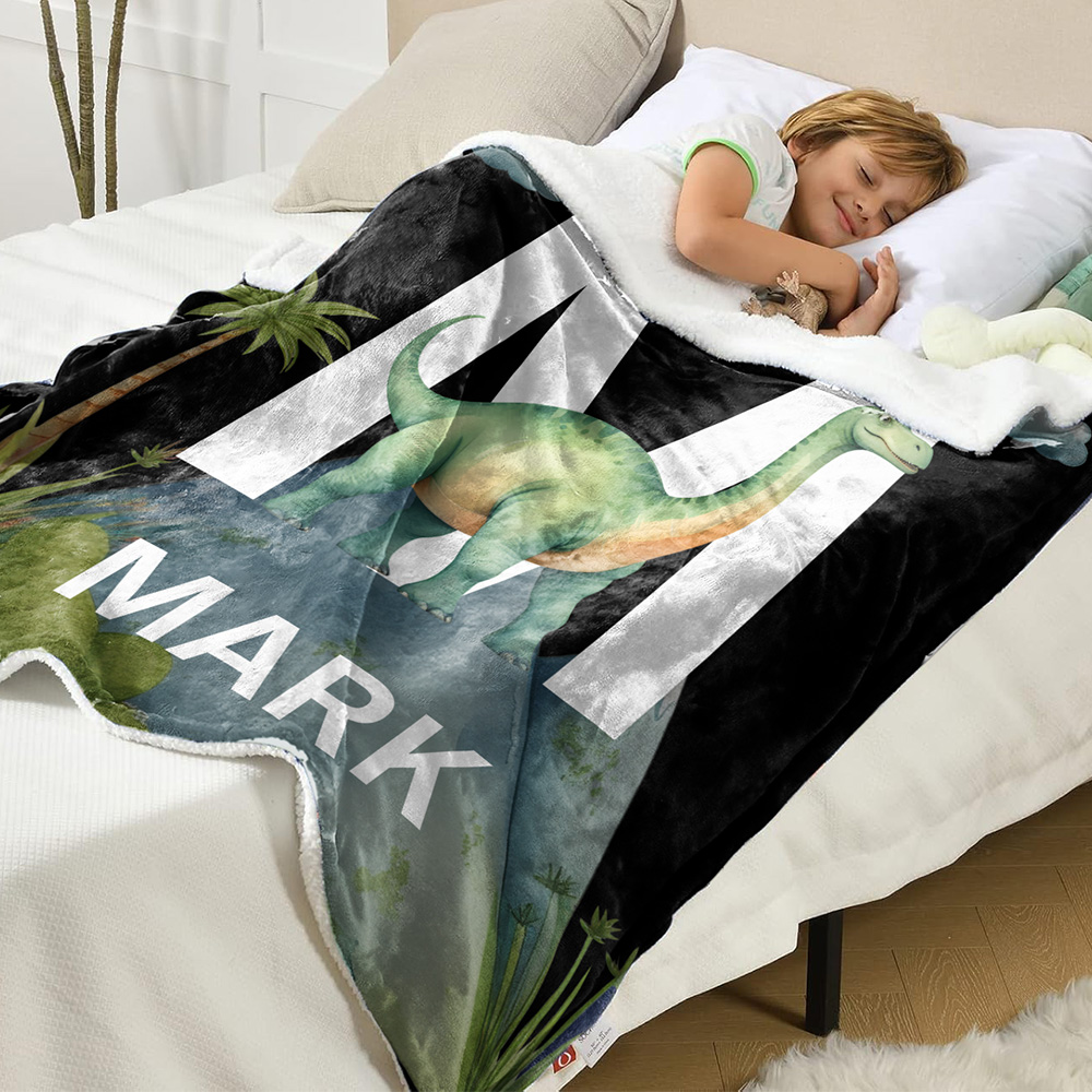 Baby Shower Gift Personalised Dinosaur Blanket Custom Initial Name Soft Throw for Kids Nursery Home Decor