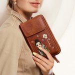 Personalised Cartoon Reading Character PU Leather Phone Wallet Crossbody Bag with Birth Flower and Name Birthday Gift for Family Friends