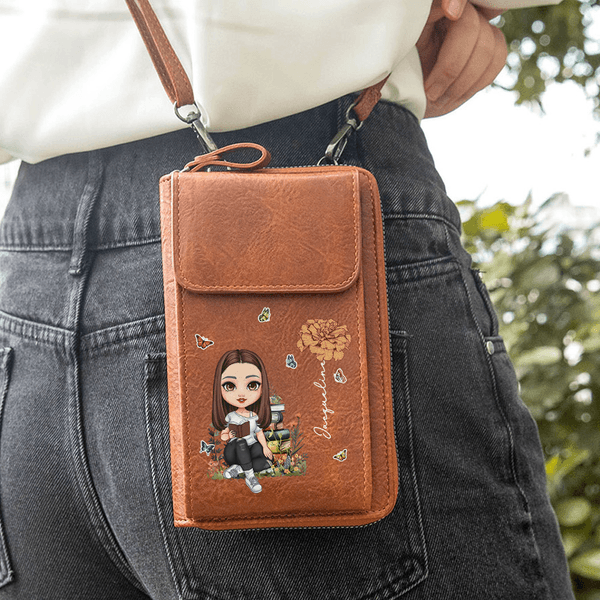 Personalisierte Cartoon Lesen Charakter PU Leder Telefon Brieftasche Crossbody Bag mit Geburt Blume und Name Geburtstag Geschenk für Familie Freunde