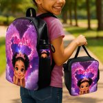 Personalized Cartoon Black Girl Backpack Lunch Bag Pencil Case Water Bottle Set with Name Back to School Birthday Gift for Black Girls
