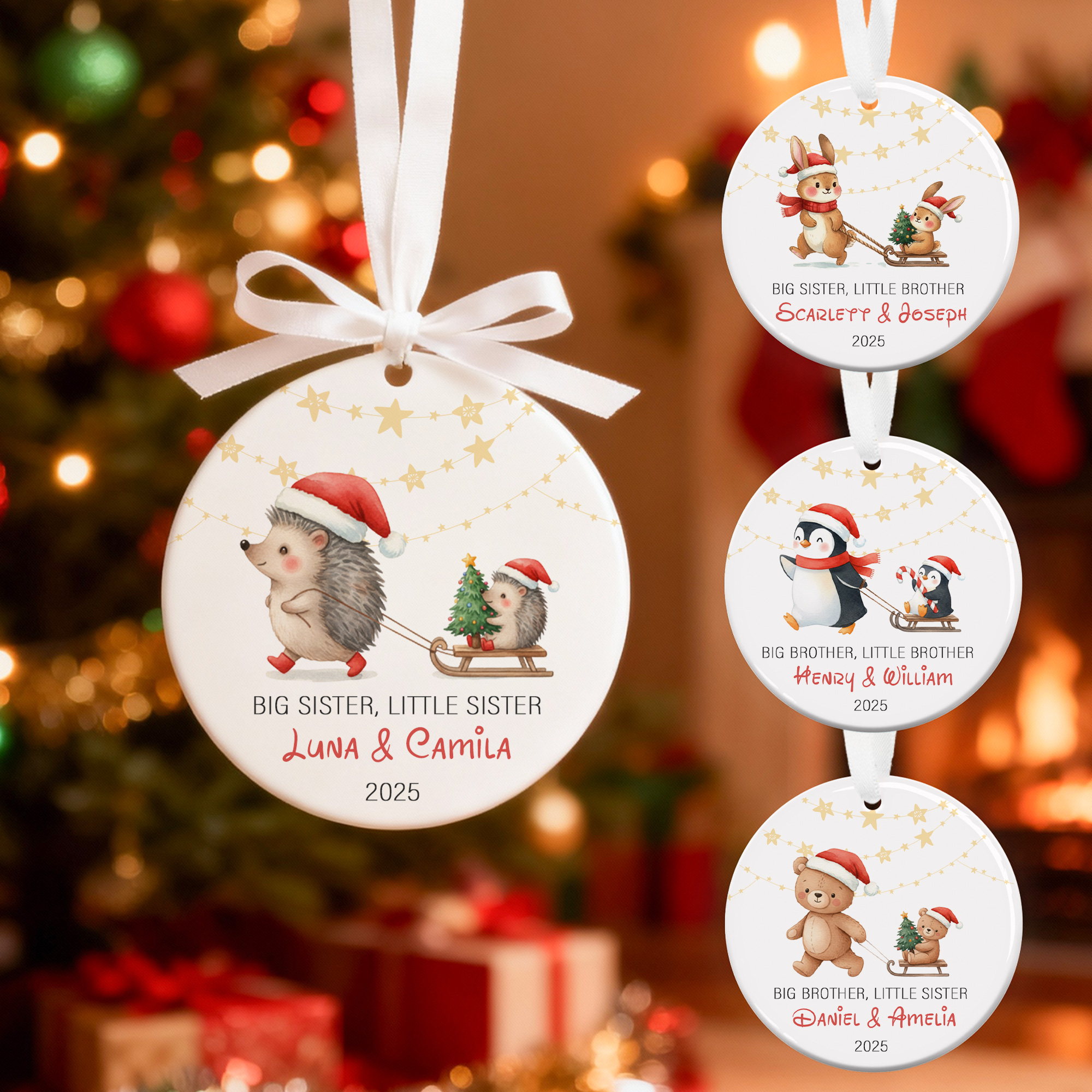 Personalisierte Aquarell Tier Geschwister Weihnachten Keramik Ornament mit Titel Name und Jahr erste Weihnachten Geschenk für Neugeborene