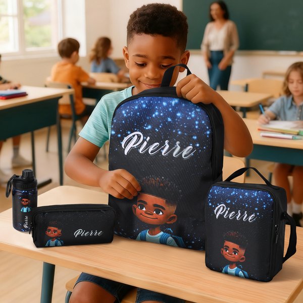 Personalized African Boy Pattern Backpack Lunch Bag Pencil Case Water Bottle Set of 4 with Name Back to School Christmas Gift for Boys Students