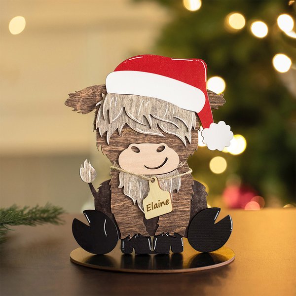 Personalized Cute Highland Cow Wooden Tabletop Decor with 12 Interchangeable Hats and Engraved Name Ear Tag Christmas Easter Gift for Cow Lovers