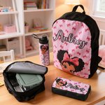 Personalized Cartoon Black Girl Backpack Lunch Bag Pencil Case Water Bottle Set with Name Back to School Birthday Gift for Black Girls