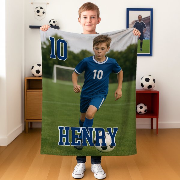 Personalised Sports Photo Soft Throw Blanket with Sports Number and Name Home Decor Birthday Gift for Sports Fans