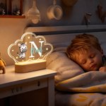 Personalisiertes Niedliche Tier Wolkenform LED-Nachtlicht mit Holzsockel Initiale Namen Kinderzimmer Deko Geburtstag Geschenk für Kinder Neugeborenen