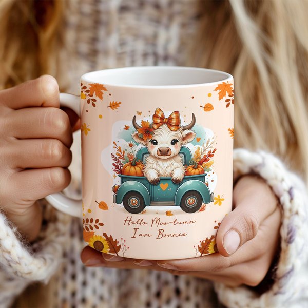 Personalised Cute Highland Cow Pumpkin 11 oz 15 oz Ceramic Mug with Name  Autumn Thanksgiving Day Birthday Gift for Highland Cow Lovers