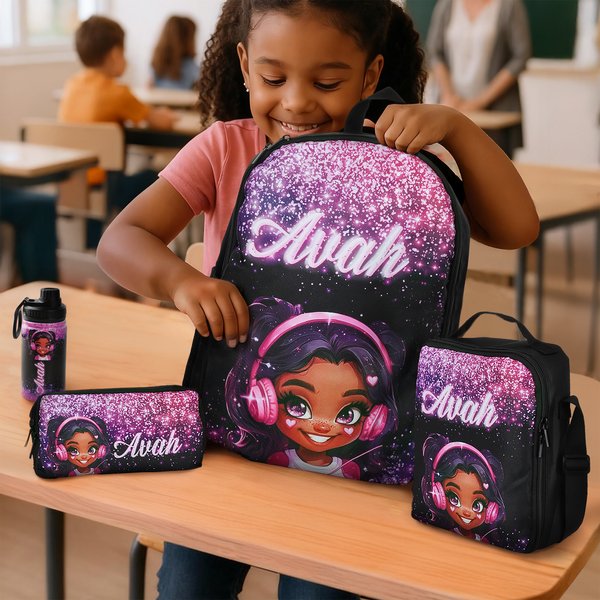 Personalized Cartoon Black Girl Backpack Lunch Bag Pencil Case Water Bottle Set with Name Back to School Birthday Gift for Black Girls