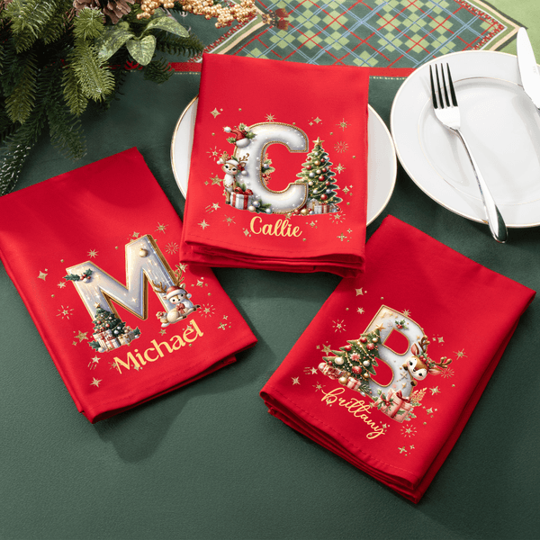 Personalisierte Rote Serviette mit Cartoon-Rentier Baum Initiale Namen aus 100% Baumwolle Weihnachtstisch Deko Weihnachtsgeschenk für Familie Freund