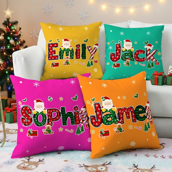 Personalized Cute Santa Claus Elk Snowflake Throw Pillow Cover with Name Home Decor Christmas Gift for Family Friends