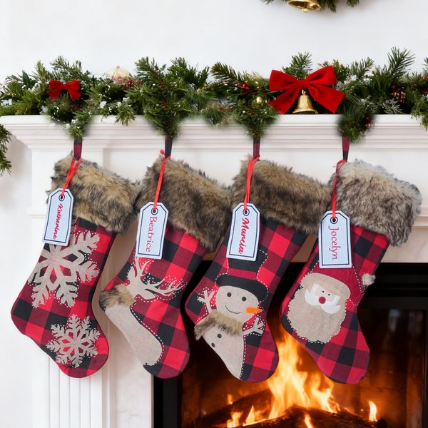 Personalized Embroidered Faux Fur Buffalo Plaid Christmas Stocking with Name Christmas Decor Christmas Gift for Family Kid