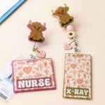 Personalized Western Cowgirl Style Highland Cow Badge Reel with Text and Heart Charm Nurse Week Birthday Christmas Gift for Nurse Medical Staff