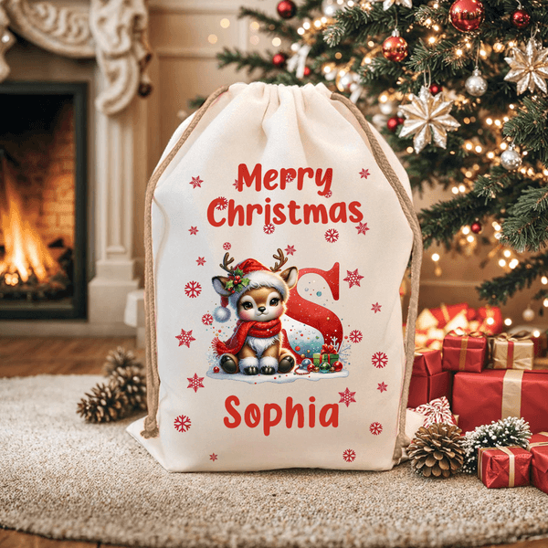 Personalised Merry Christmas Cute Santa Hat Reindeer Initial Canvas Drawstring Gift Bag with Name Christmas Gift for Kids Family Friends