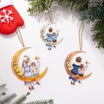 Personalized Cartoon Mother and Kid Character Moon Acrylic Ornament with Names Tree Decoration Christmas Anniversary Gift for Family