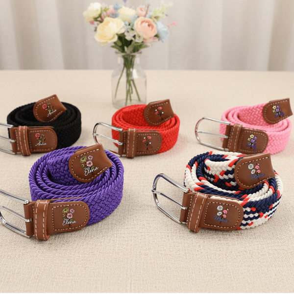 Personalized Colorful Birth Flower Bouquet Hole Free Elastic Woven Belt with Name Daily Wear Birthday Gift for Her