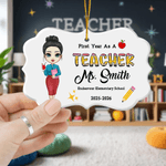 Personalised Cartoon Teacher Character Ceramic Ornament with Surname Text and Year Home Tree Decor Christmas Gift for Teacher