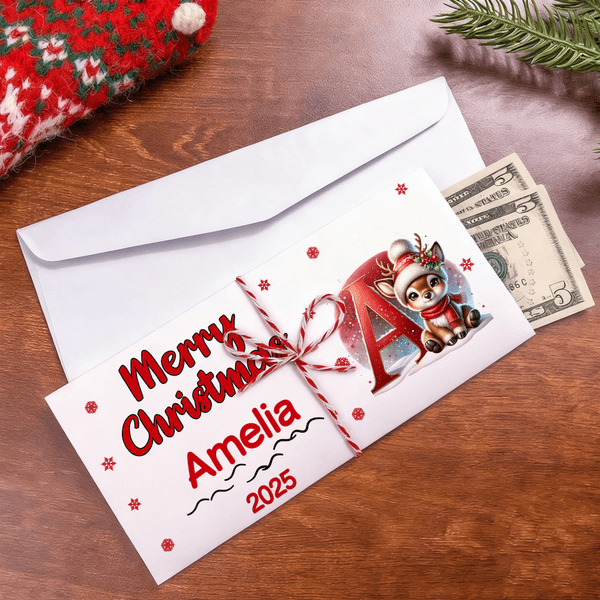 Personalized Christmas Reindeer Initial Money Holder Card Wallet with Name and Envelope Christmas Gift for Family Kids