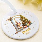 Decorazione rotonda natalizia personalizzata in ceramica con renna iniziale nome e anno per albero di natale regalo per famiglia e amici