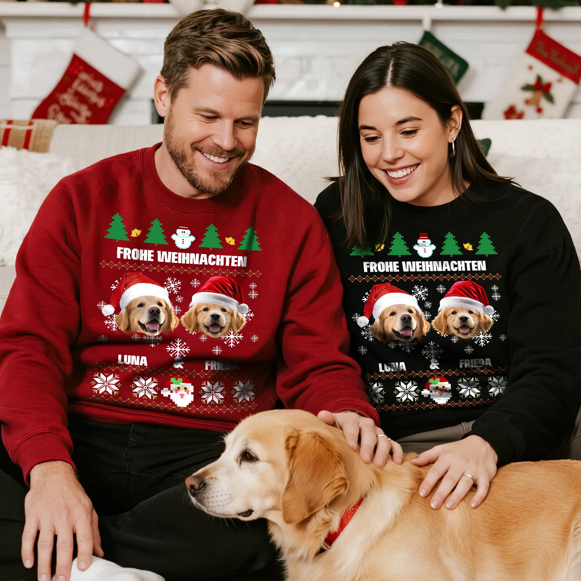 Personalisiertes Weiches Weihnachts-Sweatshirt mit 1–2 Haustier Gesichtsfoto Weihnachtsmütze Namen Text Weihnachten Geschenk für Tierbesitzer
