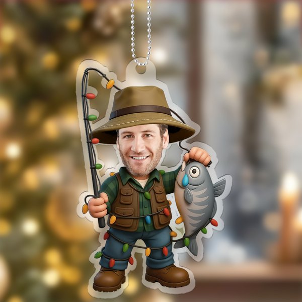 Personalised Fisherman Face Photo Acrylic Christmas Ornament Home Decor Christmas Gift for Male Fishing Enthusiasts