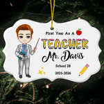 Personalised Cartoon Teacher Character Ceramic Ornament with Surname Text and Year Home Tree Decor Christmas Gift for Teacher