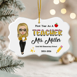 Personalised Cartoon Teacher Character Ceramic Ornament with Surname Text and Year Home Tree Decor Christmas Gift for Teacher
