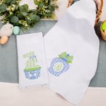 Personalized Chinoiserie Bunny Kitchen Tea Towel with Initial Set of 2 Easter Dishcloth Decor Housewarming Gift for Hostess Family Friend