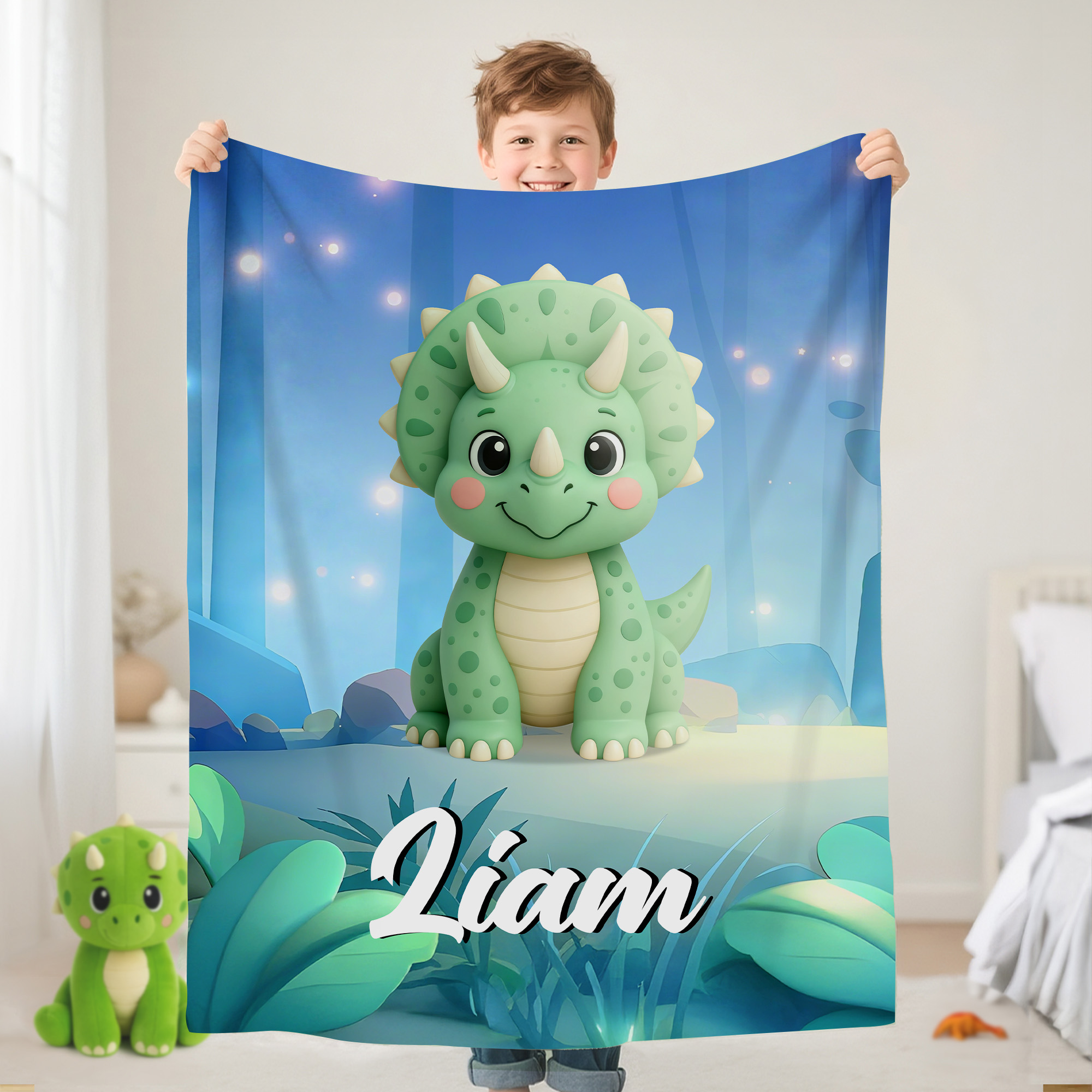 Personalisierte Cartoon Dinosaurier Dschungel weiche Decke mit Namen Home Decor Geburtstagsgeschenk für Kinder Dinosaurier-Liebhaber
