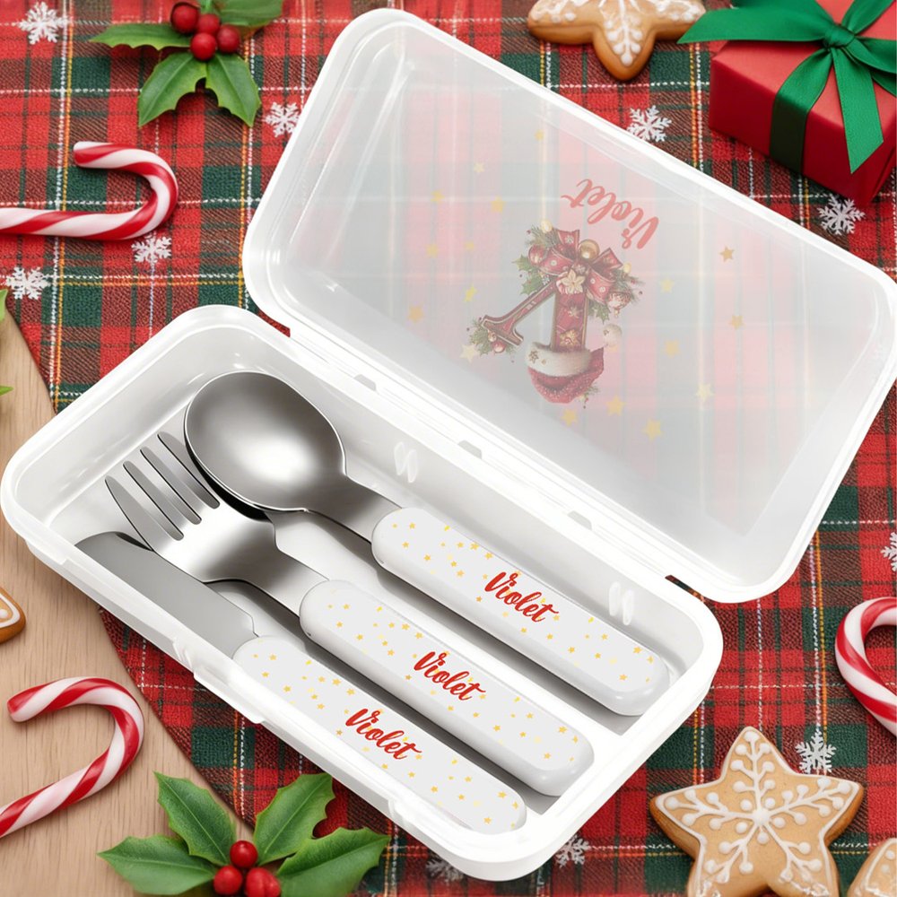 Henkilökohtainen jouluhattu Initial Safe Stainless Steel Kid's Fork Spoon Knife 3 Pcs ruokailuvälinesarja tapauksessa ja nimi joululahja lapsille 7