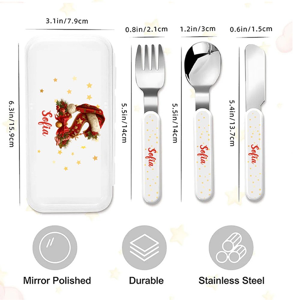 Henkilökohtainen jouluhattu Initial Safe Stainless Steel Kid's Fork Spoon Knife 3 Pcs ruokailuvälinesarja tapauksessa ja nimi joululahja lapsille 9