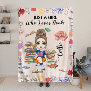 Personalised Cartoon Reading Character Birth Flower Soft Throw Blanket with Name and Title Home Decor Birthday Gift for Family Bookworms